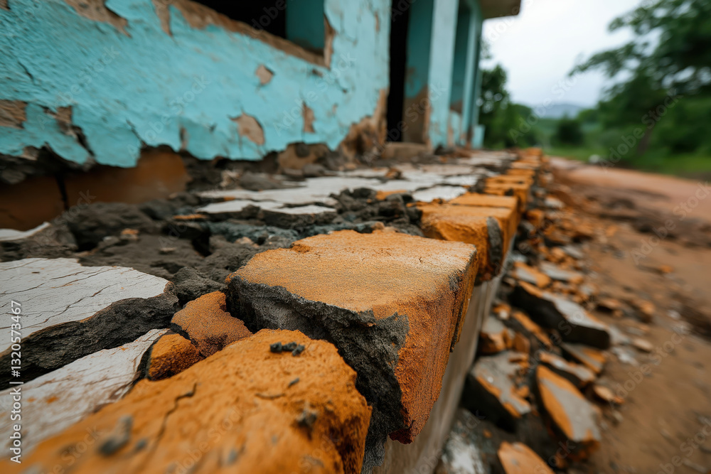 Ruined building portrays years of neglect with cracked walls and peeling paint in a deserted area Ruined building portrays years of neglect with cracked walls and peeling paint in a deserted area