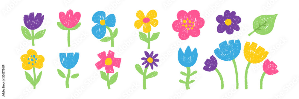 Fototapeta premium Set of doodle flowers with crayon, chalk or pastel texture. Cute elements for kids, spring or summer design. Doodle vector illustration.