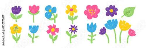 Set of doodle flowers with crayon, chalk or pastel texture. Cute elements for kids, spring or summer design. Doodle vector illustration.