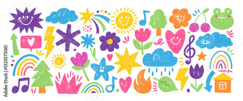 Set of playful elements with crown, music, rainbow and arrow with crayon, pastel or chalk texture. Cute shapes for kids design. Doodle vector illustration on a white background.