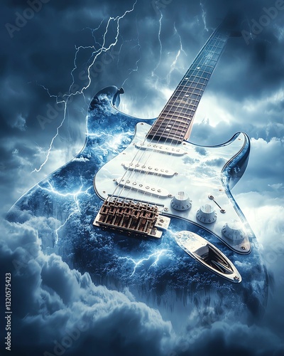 Double exposure effect of an acoustic guitar seamlessly blended with a lush forest Electric guitar strumming through stormy skies.