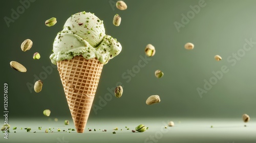 Pistachio ice cream cone, soft cream,japanese dessertai,3d,Realistic sweet ice cream summer dessert,for menu and banner,copy space,selective focus. photo