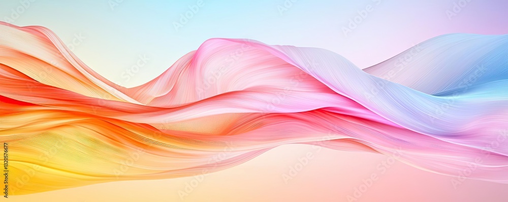 Minimalist graphic design abstract background idea. A vibrant wave of colorful silk, blending soft hues of pink, orange, and blue elegantly.
