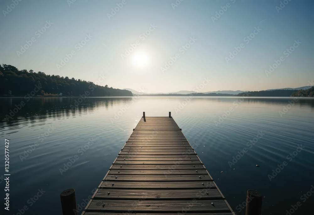 Tranquil Dock Overlooking Calm Water at Sunrise in Nature's Beauty Tranquil Dock Overlooking Calm Water at Sunrise in Nature's Beauty