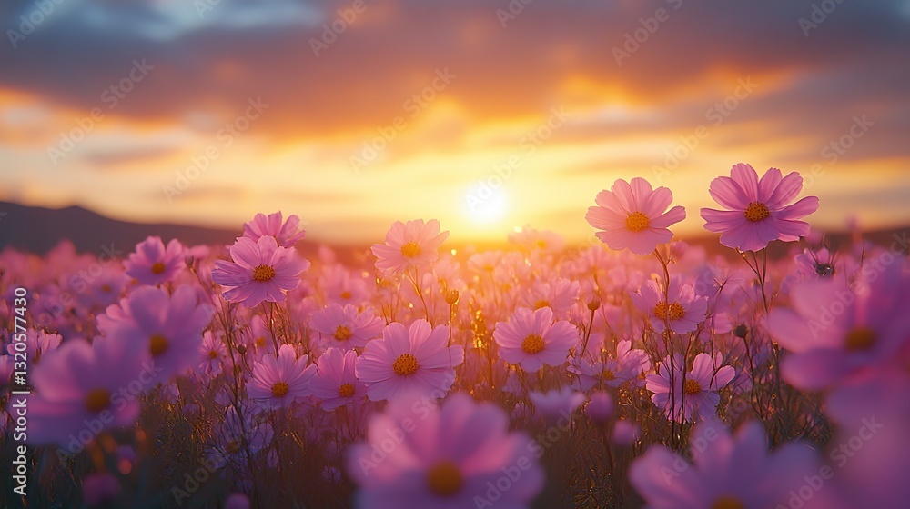 Naklejka premium Blooming purple cosmos fill field under vibrant sunset picturesque, serene natural landscape at golden hour.