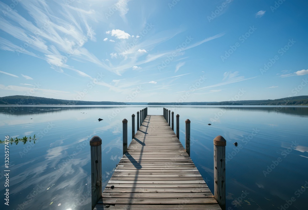 Serene Lakeside Dock Under Clear Blue Sky and Gentle Clouds Serene Lakeside Dock Under Clear Blue Sky and Gentle Clouds