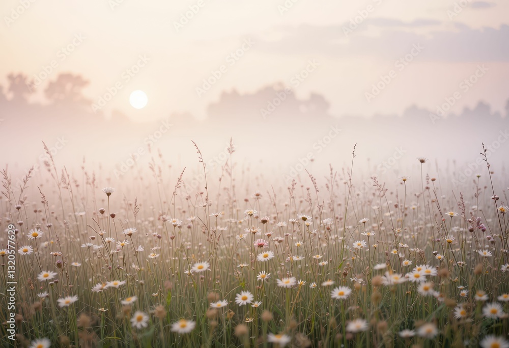 Naklejka premium Serene Sunrise Over Dewy Wildflower Meadow in Soft Morning Fog
