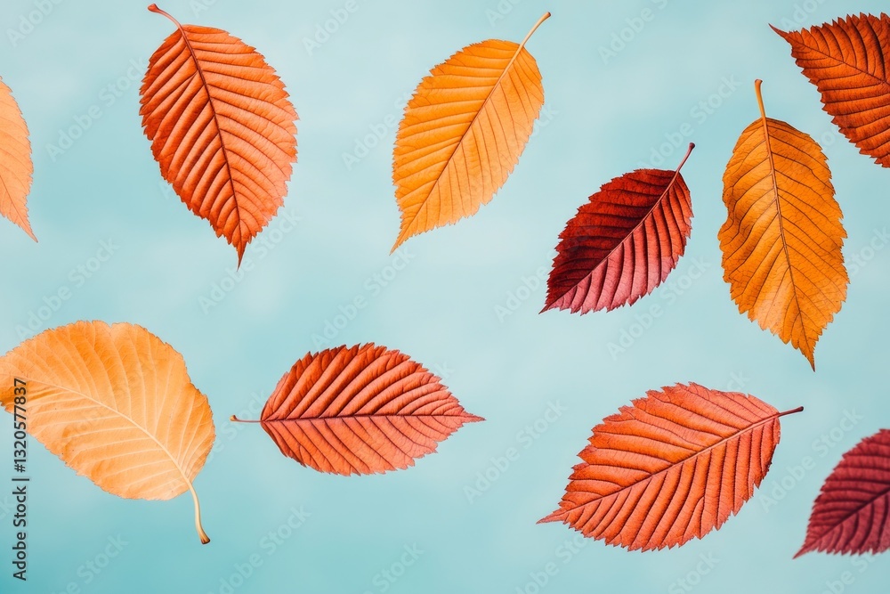 Fototapeta premium Autumn Leaves, Floating on Teal Background, Nature, Flat Lay