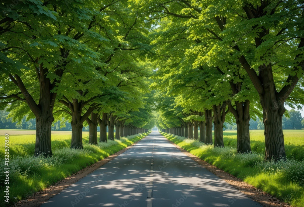 Serene Tree-Lined Roadway Through Lush Green Landscape in Summer Serene Tree-Lined Roadway Through Lush Green Landscape in Summer