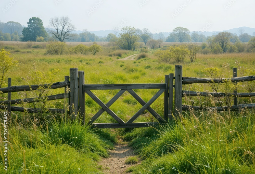 Fototapeta premium Wooden Gate Overlooking Expansive Green Fields and Distant Hills
