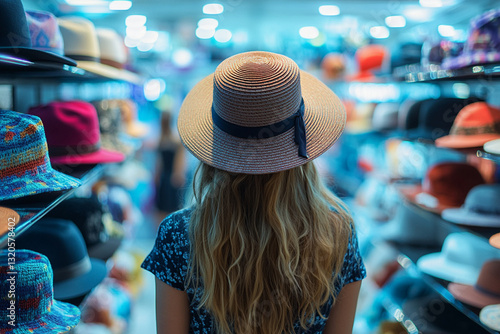 Woman choosing a hat in a boutique of a shopping mall photo