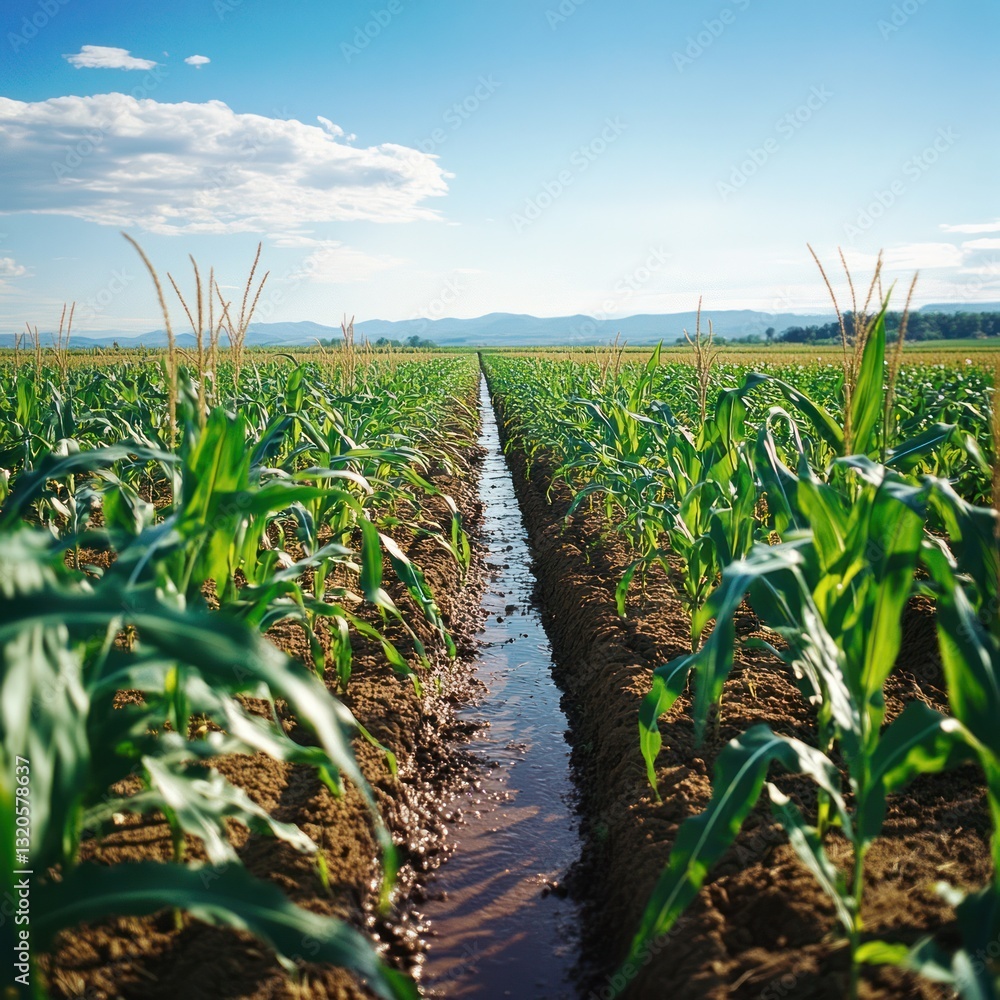 Fototapeta premium Irrigation system in cornfield