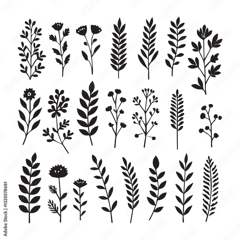 A set of minimal floral branch silhouettes in a variety of types. A set of minimal floral branch silhouettes in a variety of types.