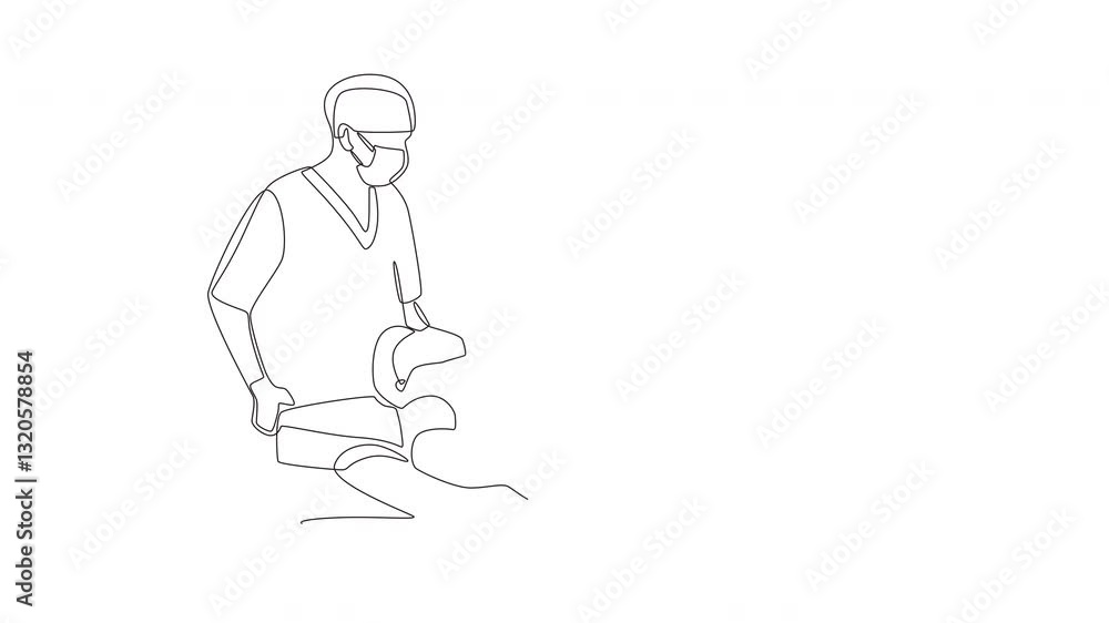 Animated two doctors operating on a patient using a defibrillator. Surgery concept one-line drawing
