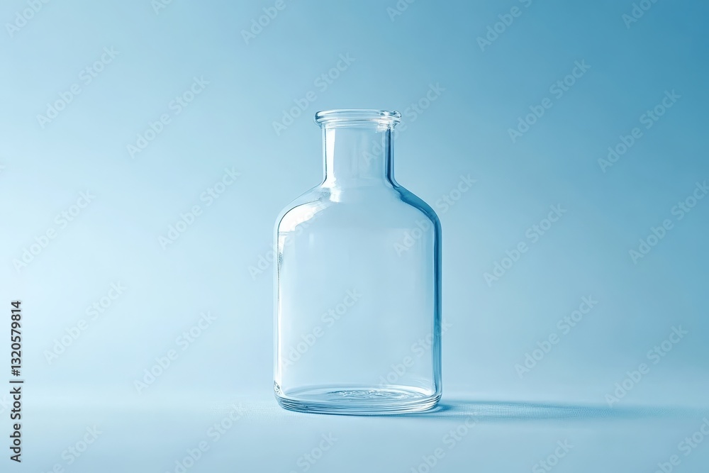 A Clear Empty Glass Bottle Sits Against a Blue Background A Clear Empty Glass Bottle Sits Against a Blue Background