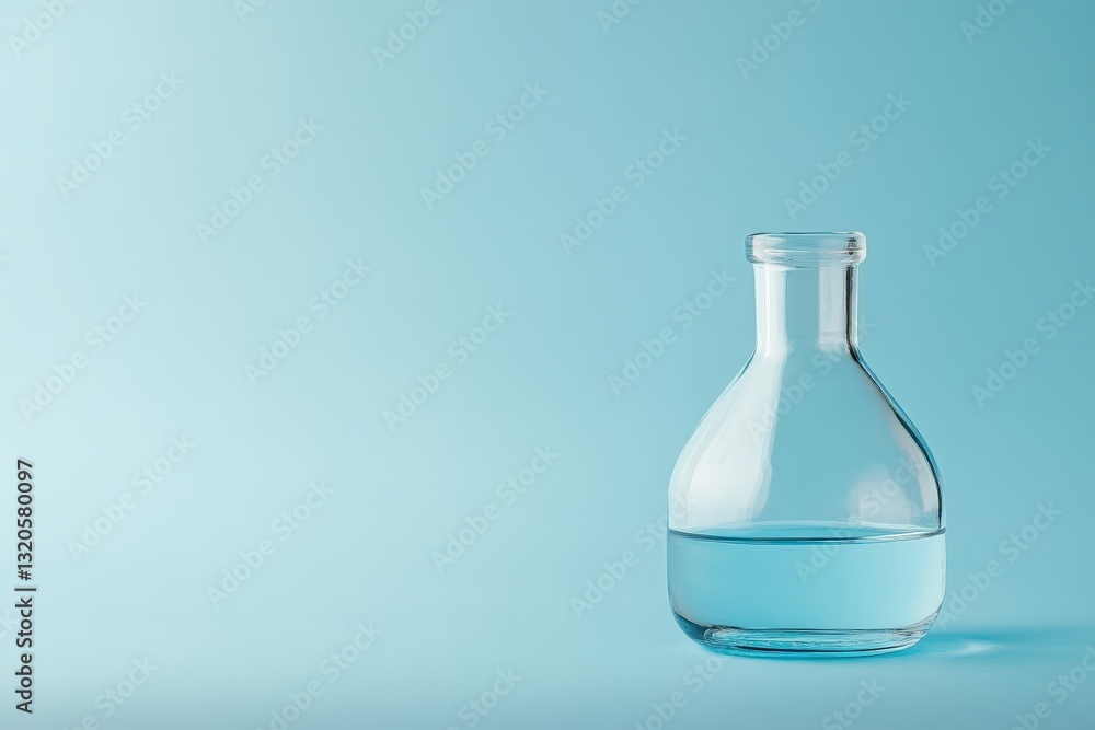 A clear glass bottle containing liquid sits on blue backdrop A clear glass bottle containing liquid sits on blue backdrop