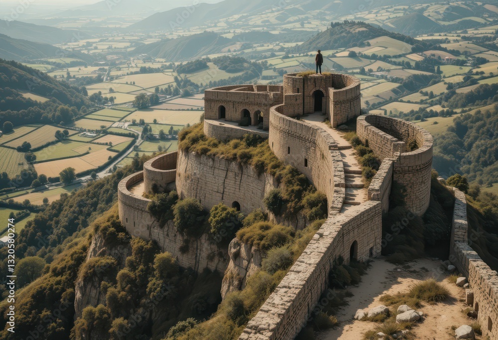 Obraz premium Scenic View from Ancient Castle Ruins on Hilltop Overlooking Landscape
