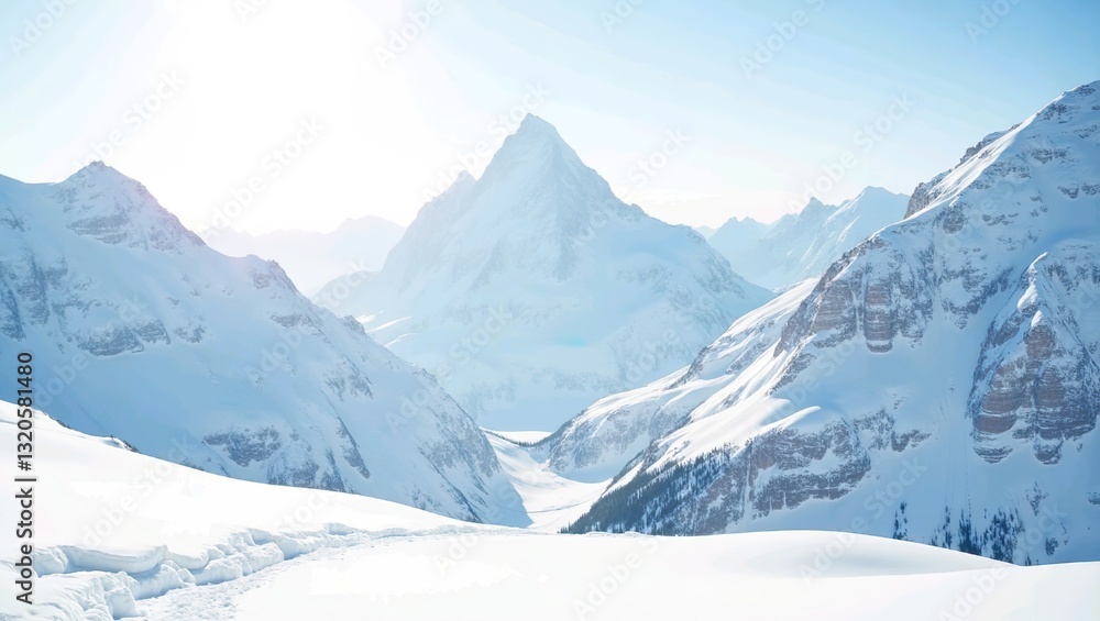 Obraz premium Capture the serene and majestic beauty of a snow-capped mountain landscape, with towering peaks glistening under a soft winter sun.