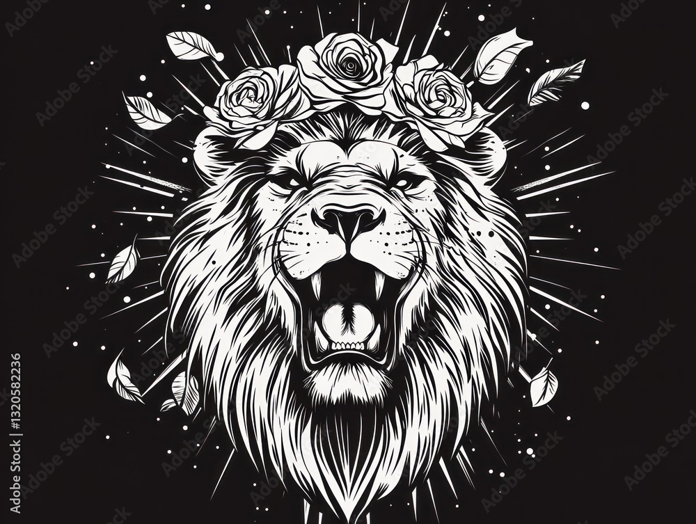 Obraz premium Roaring lion, rose crown, dark background, graphic art, t-shirt design