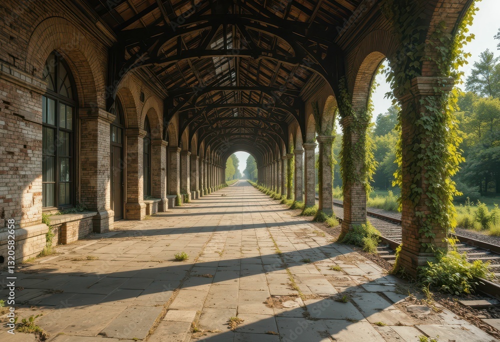Naklejka premium Abandoned Train Station Corridor with Lush Greenery and Arches