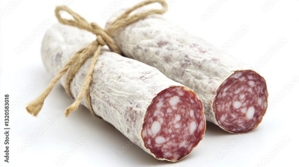 Traditional white salami sausage rests elegantly on a soft surface, beautifully highlighting its marbled texture and inviting aroma. Ideal for enhancing charcuterie boards or gourmet recipes Traditional white salami sausage rests elegantly on a soft surface, beautifully highlighting its marbled texture and inviting aroma. Ideal for enhancing charcuterie boards or gourmet recipes