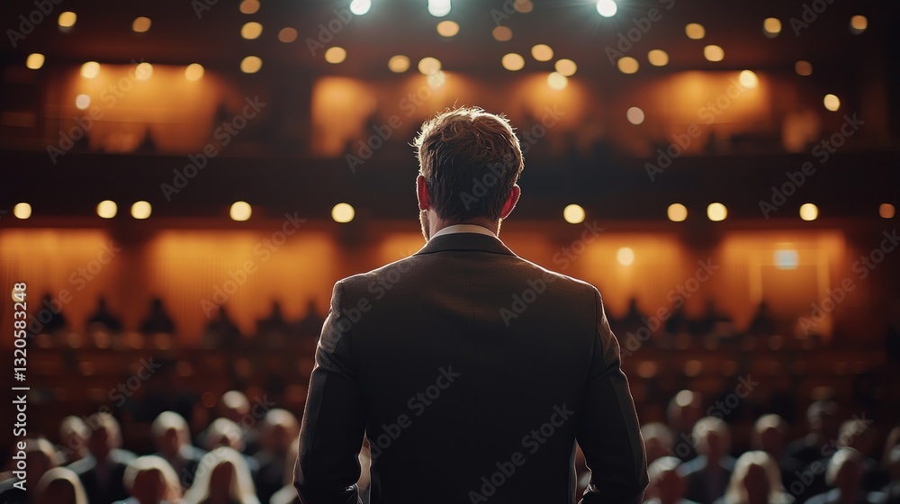 Man in a suit giving a speech in a large auditorium Man in a suit giving a speech in a large auditorium