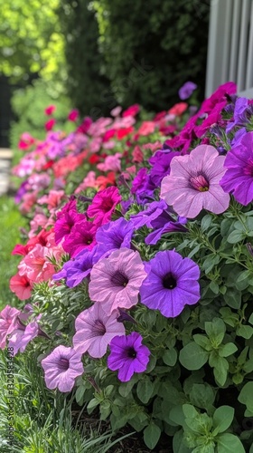 Wallpaper Mural A vibrant garden reveals a stunning display of blooming petunias, showcasing a palette of bold pinks, purples, and reds. The flowers flutter gently in a soft breeze under bright sunlight Torontodigital.ca