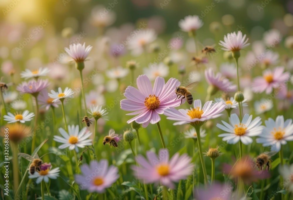 Bees Collecting Nectar from Vibrant Pink and White Flowers in Field Bees Collecting Nectar from Vibrant Pink and White Flowers in Field