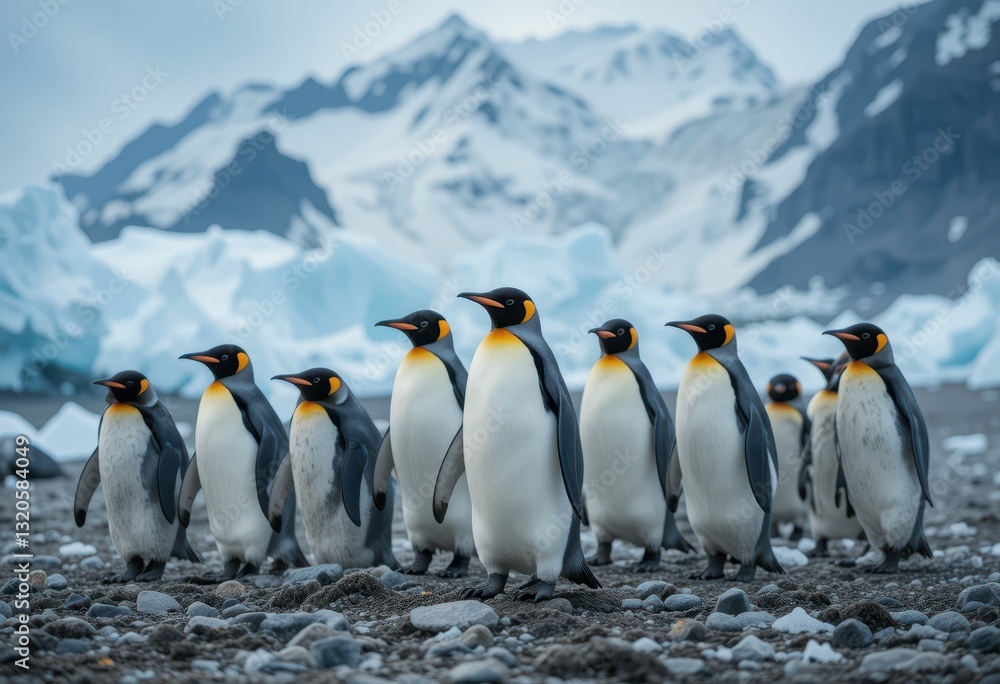 Fototapeta premium Group of Emperor Penguins Standing on Rocky Shoreline in Antarctica