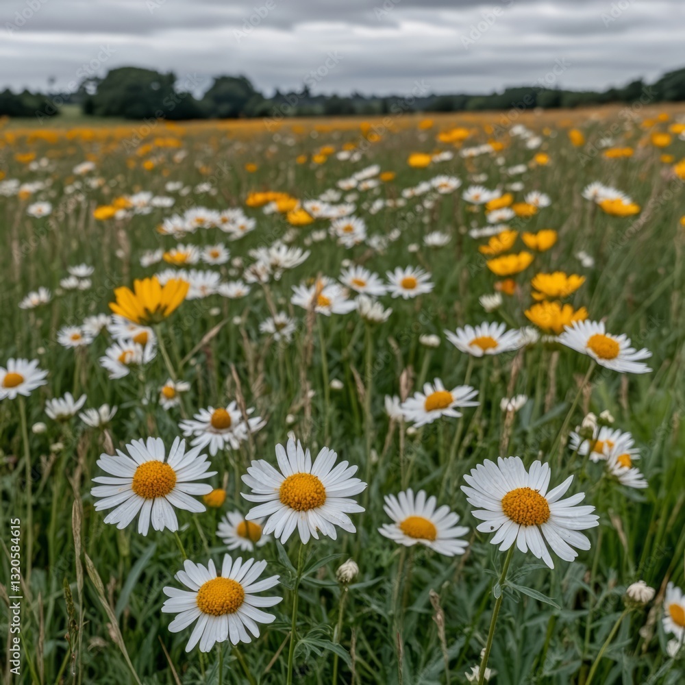 Obraz premium Colorful daisy meadow under cloudy sky