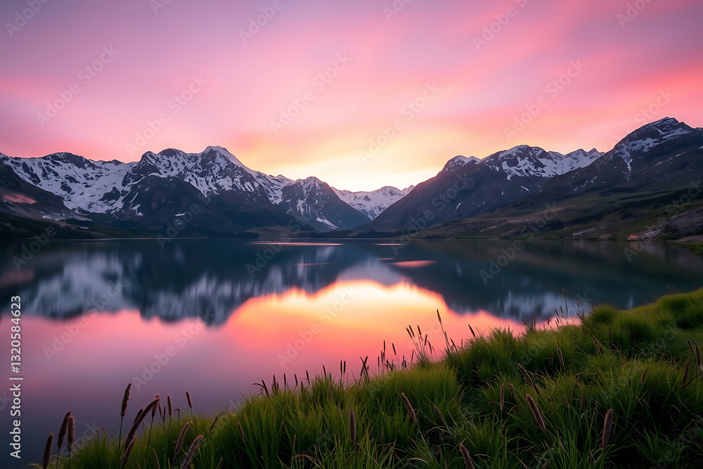 Fototapeta premium Long exposure photograph stock-image featuring a vibrant sunrise over a breathtaking mountain landscape, with soft, flowing light casting beautiful colors across the sky and illuminating the rugged