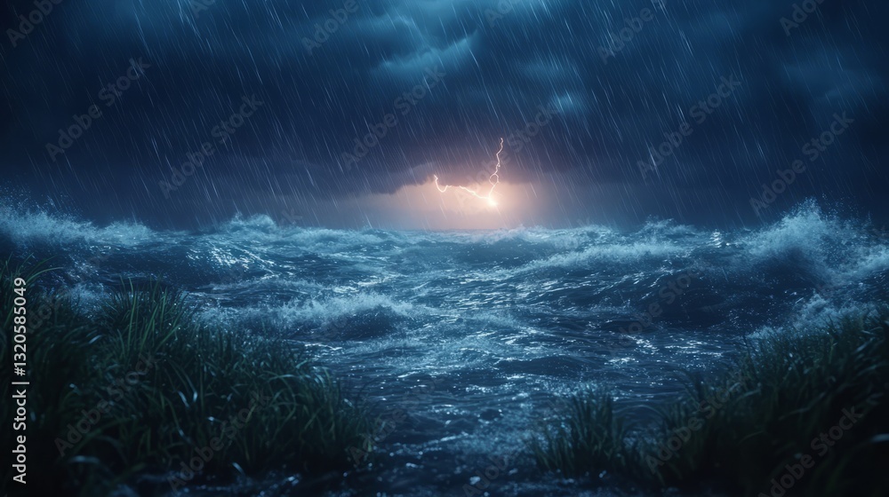A stormy sea at night, with high waves crashing and the sound of thunder in the distance A stormy sea at night, with high waves crashing and the sound of thunder in the distance