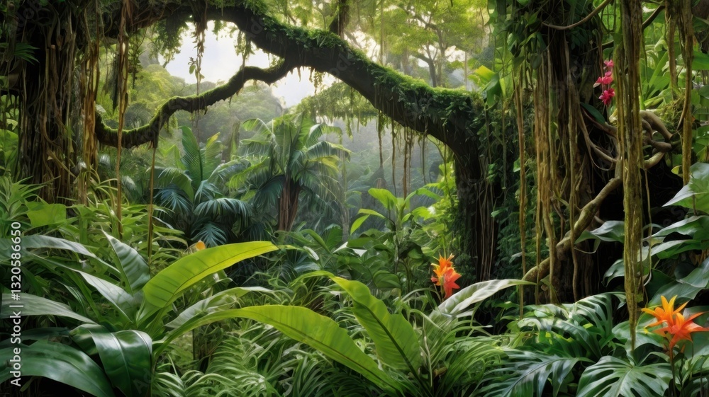 Fototapeta premium A dense and vibrant jungle scene featuring ancient trees, hanging vines, and rich green foliage.