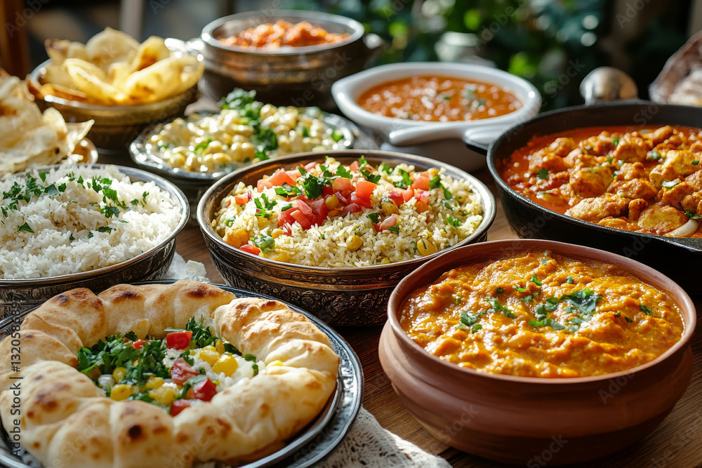 Delicious Indian cuisine with rice, curry, and bread Delicious Indian cuisine with rice, curry, and bread