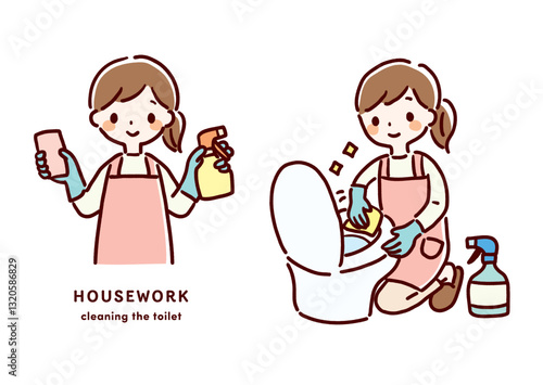 トイレ掃除をする女性の手描きイラスト