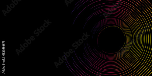 Abstract gradient geometric lines on dark background. Swirl circular lines pattern. Geometric spiral. Template Space for Text. Abstract Minimalist Wallpaper with Copy Space on Black Background, vector