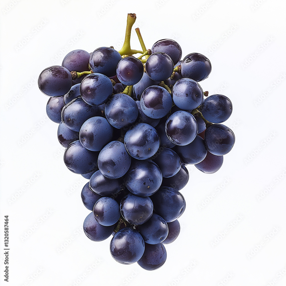 Fototapeta premium blue grapes above in the air, white background, High-definition photography captures the scene in ultra-clear detail and high resolution