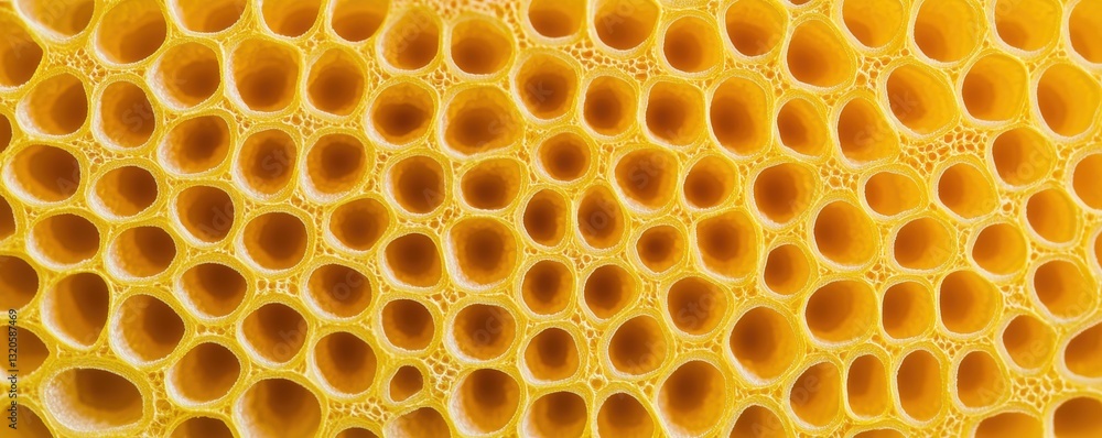 Botany Anatomy Study, Close-up view of honeycomb showcasing its intricate hexagonal structure and vibrant yellow color. Botany Anatomy Study, Close-up view of honeycomb showcasing its intricate hexagonal structure and vibrant yellow color.