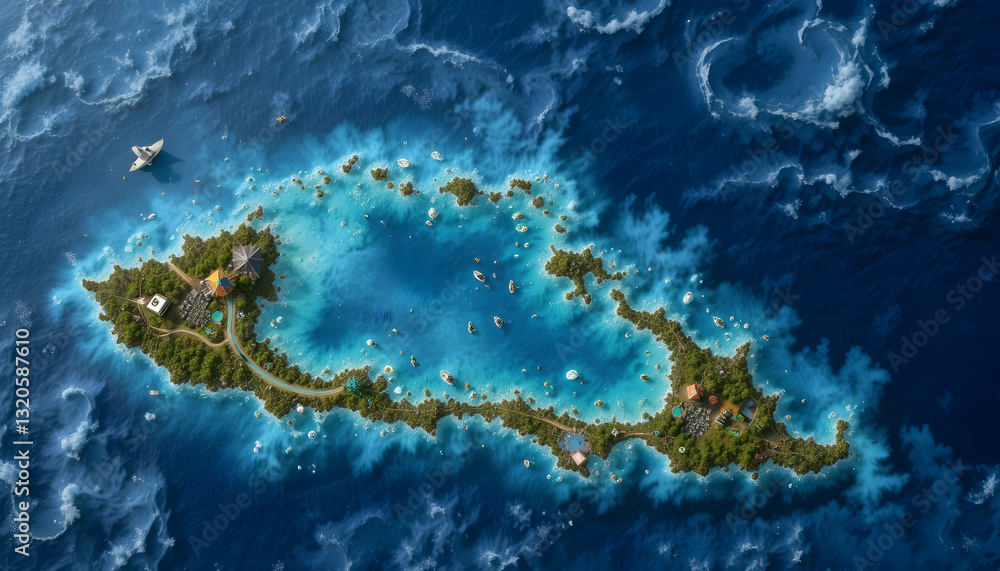 Island Aerial View with Azure Water and Lush Tropical Greenery Island Aerial View with Azure Water and Lush Tropical Greenery