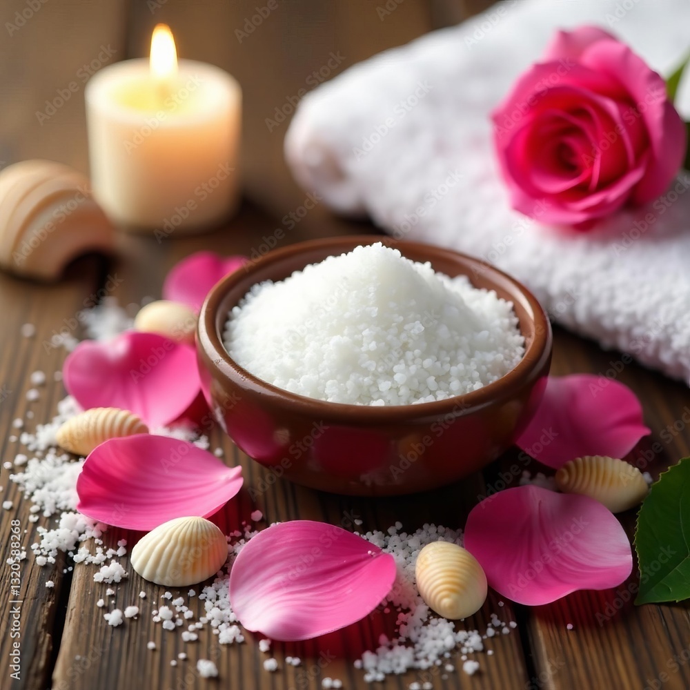 Spa salt, rose petals and seashells on wooden background with candle and towel, aromatherapy, zen Spa salt, rose petals and seashells on wooden background with candle and towel, aromatherapy, zen