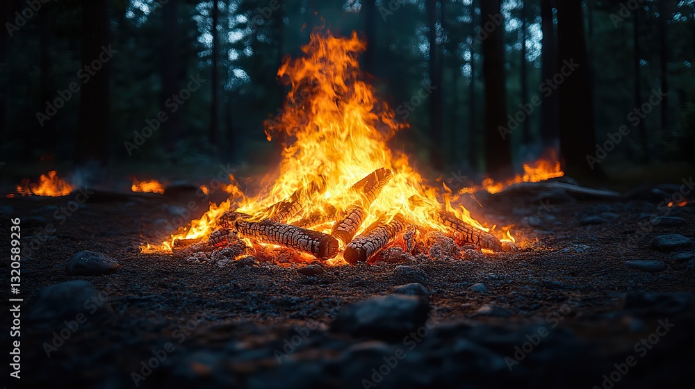 Bright bonfire burning in a dark forest with logs creates a warm atmosphere in the wilderness at night. Bright bonfire burning in a dark forest with logs creates a warm atmosphere in the wilderness at night.