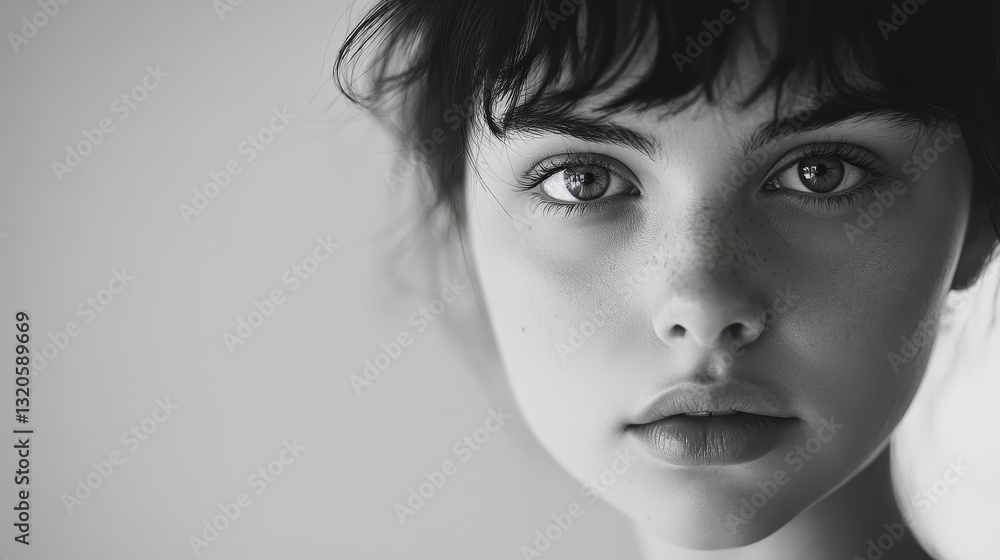 Portrait of a Young Woman with Freckles and Dark Hair in Black and White Photography Portrait of a Young Woman with Freckles and Dark Hair in Black and White Photography
