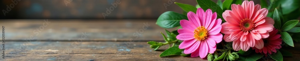 Springtime floral arrangement on rustic wooden table, flowers, blooms