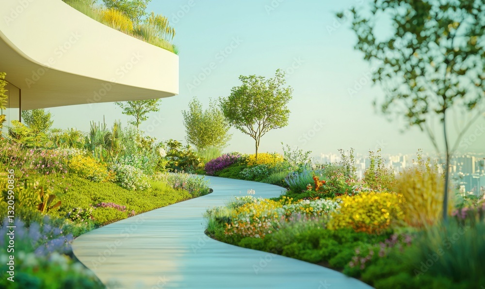 Obraz premium Aerial views of a vibrant garden path rooftop oasis in urban nature