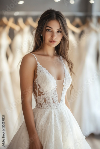 Photo Beautiful woman in full growth tries on a wedding dress in a wedding dress store photo