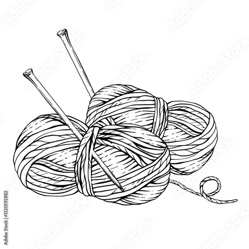 Skeins of knitting thread, balls of yarn with knitting needles. Vector black line art hand drawing illustration. Hobby knitting arrangement for handmade product label design isolated from background