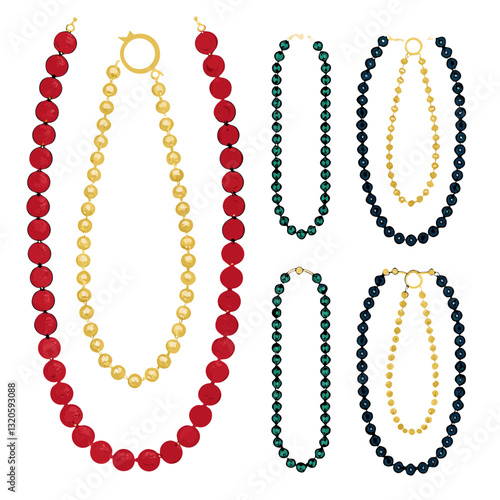 Elegant Bead Necklaces in Gold, Red, Green and Blue on a White Background