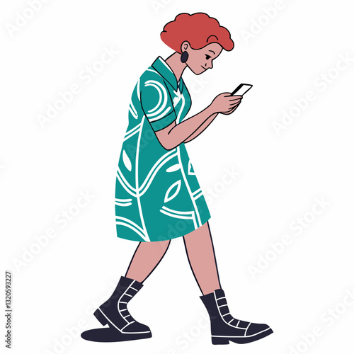 Woman in Dress Walking While Using Mobile Phone with Modern Illustration