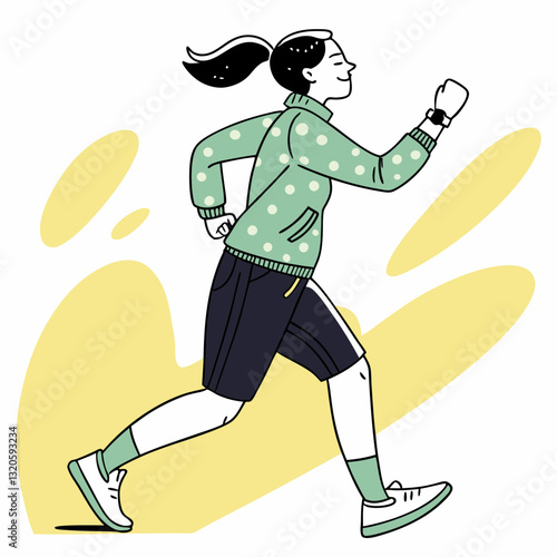 Young Woman Engaged in Morning Run with a Fitness Tracker in a Minimalistic Style