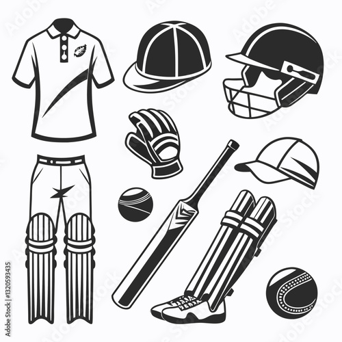Monochrome Vector Illustration of Complete Cricket Set in Sports Style